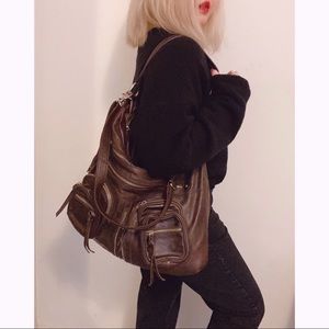 Tano Brown Genuine Leather Handbag Purse Hobo Bag Silver Hardware